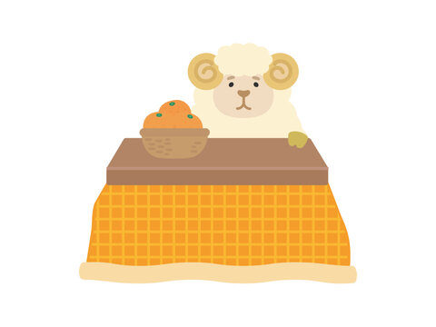 オレンジ色のこたつの中に入る羊　イラスト