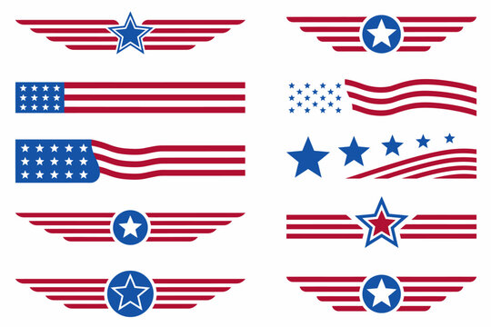 American flag and emblems with stars and stripes in red, white, isolated on transparent background png