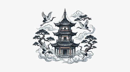 Intricate black and white castle illustration design. © skuy