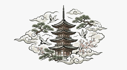 Intricate black and white castle illustration design. © skuy