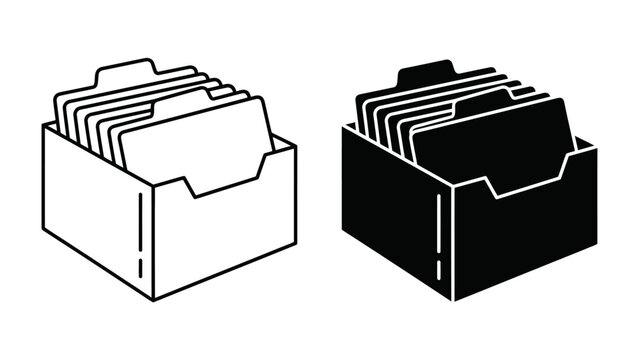 Card File Box Icon: A simple graphic representation of a card file box, available in both line art and silhouette form, perfect for illustrating organizational systems or data management.