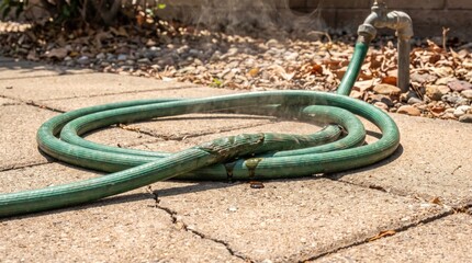 Obraz premium Green garden hose melting and steaming on cracked concrete patio near outdoor faucet in summer heat