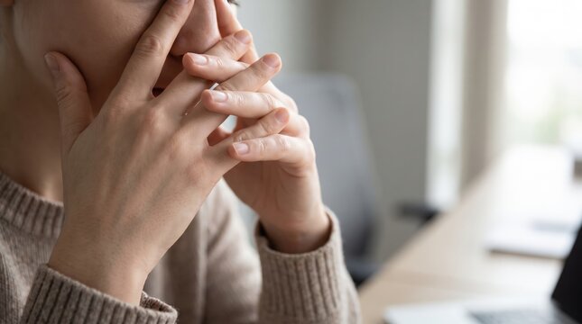 Close-Up View of Womans Bare Hands Gently Rubbing Eyes in Soft Natural Lighting, Highlighting Mental Fatigue Exhaustion, Dermatological Skin Texture Care, and Minimalist Professional Stock Concepts