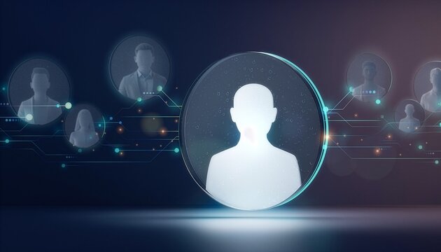 Glowing blank human silhouette stands inside a central glass circle connected to smaller peripheral user profiles by digital lines.