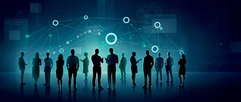 Group of businesspeople silhouettes gathered together beneath glowing digital network icons representing teamwork, innovation, and corporate connectivity.