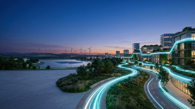 Future smart eco city concept with glowing blue light lines wind turbines and solar farm at twilight.