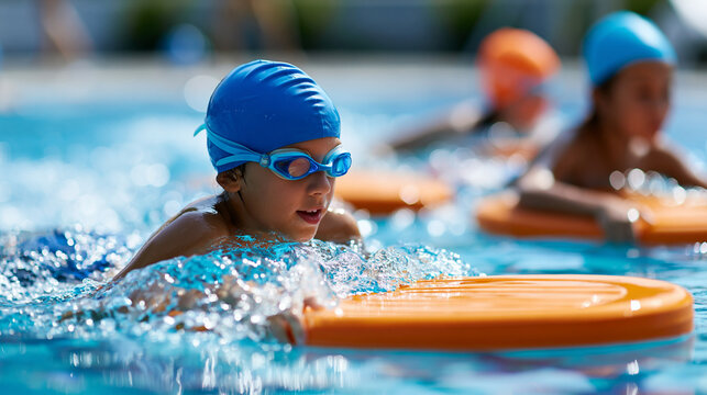 Elementary school children practicing swimming with kickboards during lesson, youth aquatic education concept, swimming class photography, blurred pool background, with copy space