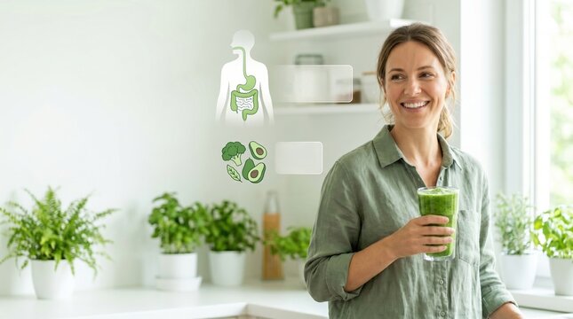 Healthy woman holding green smoothie with gut digestive system infographic in kitchen.