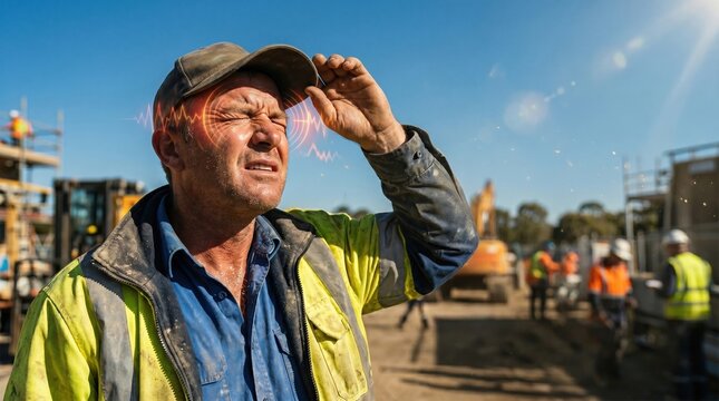 Construction worker suffering from heatstroke and headache with glowing heatwave graphic on site.