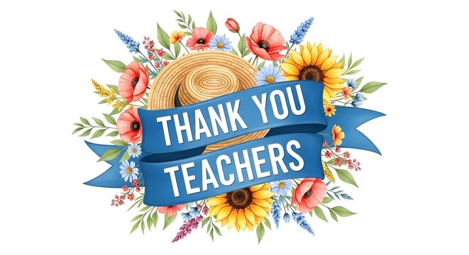 Happy teachers day greeting with colorful flowers and thank you banner