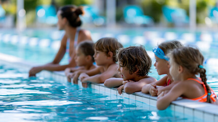 Naklejka premium Group swimming lesson with single instructor managing five children at pool wall with one child hesitant, youth aquatic dynamics concept, swimming class photography, blurred pool