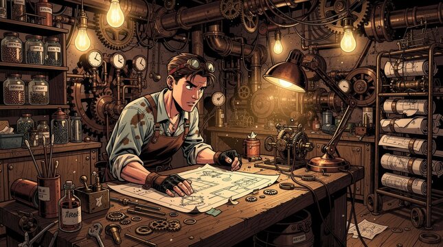 Steampunk inventor studies blueprint in cluttered workshop