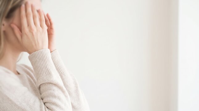 Side View of Tired Woman Hands Raised to Face with Fingers Touching Eye Corners, Highlighting Daily Fatigue Exhaustion, Minimalist Body Language Sign, and Clean Bright Wellness Concepts