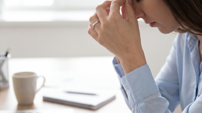 Close-Up View of Female Hands Pinching Nose Bridge and Forearms, Highlighting Professional Workplace Fatigue, Stress Management Wellness, and Minimalist Studio Aesthetic Concepts