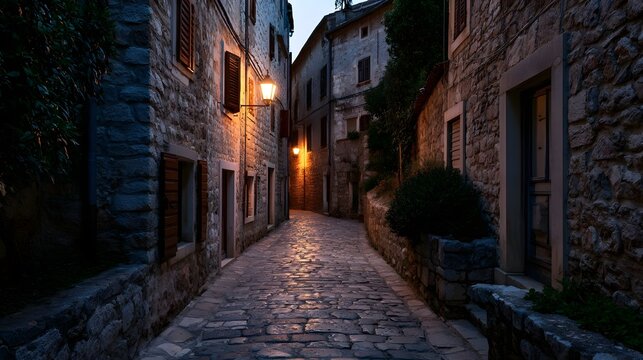 A charming old town passage featuring aged stone buildings and wooden shutters bathed in cozy lamplight