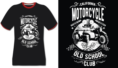 Fototapeta premium California motorcycle old school club print on black t-shirt with red trim, vintage style sidecar apparel
