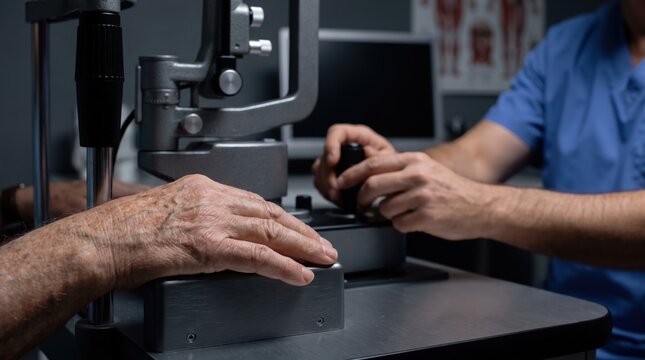 Close-Up Shot of Senior Patient Hand on Slit Lamp with Ophthalmologist Adjusting Knobs, Highlighting Geriatric Eye Care, Professional Medical Examination, and Advanced Clinical Diagnostic Concepts