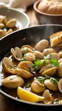 A plate of steamed clams with lemon and herbs in a restaurant setting.