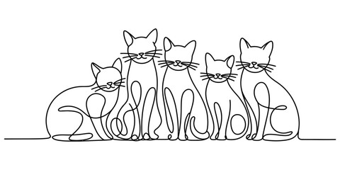 Plakat Continuous single line drawing of a group of cute cats sitting together in a row as a minimalist artistic illustration for home decor and pet lovers Vector, illustration