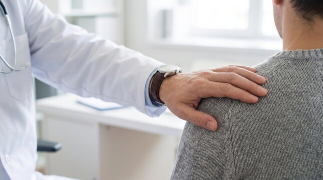 Close-Up View of Doctor Wearing White Lab Coat Placing Bare Hand on Patient Shoulder in Bright Office, Highlighting Compassionate Medical Care, Human Connection Empathy, and Professional Clinical