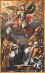 Fototapeten Jesus Christus LUCCA, ITALY - JUNE 24, 2026: The painting of St. Michael archangel and St. Augustine and St. Liborius of Le Mans in the church Chiesa della Santissima Trinita by Giovanni Marracci 17. cent.   © Renáta Sedmáková