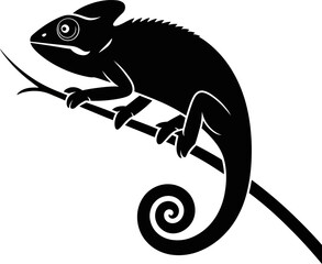 Black silhouette of chameleon sitting on a tree branch sideways © SAYEDAJANNATUL