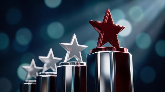 Ranked trophies with one prominent red star award standing out above silver stars achievement competition business leadership excellence recognition performance