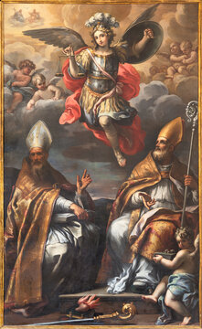 LUCCA, ITALY - JUNE 24, 2026: The painting of St. Michael archangel and St. Augustine and St. Liborius of Le Mans in the church Chiesa di Santa Maria Fortisportam by Giovanni Marracci 17. cent. 