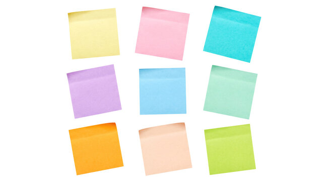 Nine blank square sticky notes in a vibrant array of pastel colors.