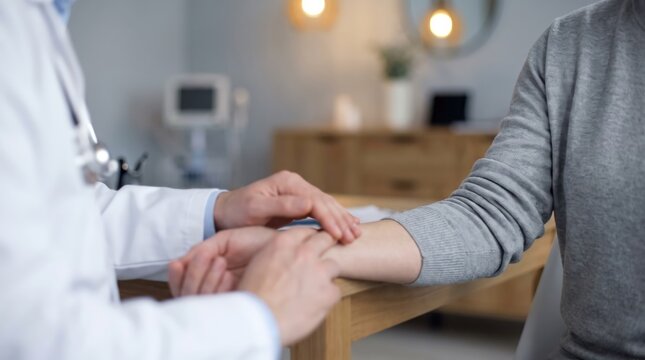 Tight-Angle View of Doctor's Bare Fingers Feeling Patient's Pulse on Wrist in Contemporary Medical Office, Highlighting Healthcare Diagnostic, Patient Clinical Care, and Professional Medicine Concepts