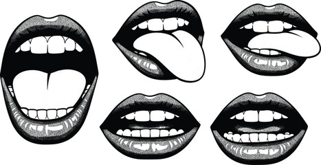 Pop art lips and mouth expressions with tongue out teeth smile retro tattoo style, vector illustration © Amazing2026