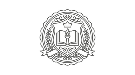 Obraz premium Minimalist Black and White Line Art Emblem Featuring Book Flame Crown Laurel Wreath and Ornate Border