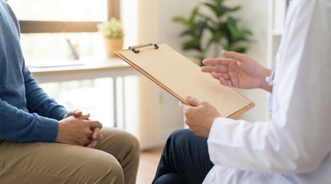 Chest-Down View of Doctor Holding Clipboard Pointing at Chart and Patient Sitting with Hands on Lap, Highlighting Professional Clinical Consultation, Healthcare Professional Guidance, and Modern 