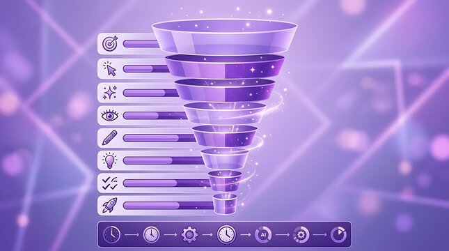 Digital marketing funnel with progress bars and data icons in purple