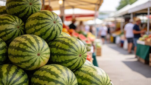 Juicy watermelons stacked in pyramid formation at summer mar