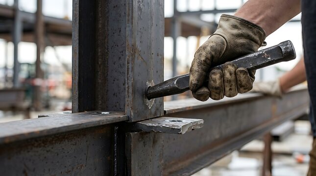 Construction worker aligning steel beams with drift pin tool
