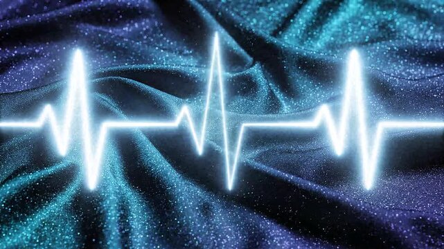 Glowing heart beat line on dark blue fabric texture