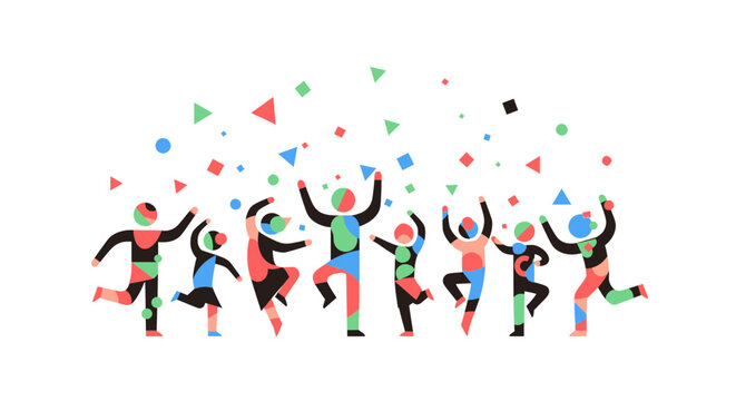 A vibrant illustration of diverse people dancing and celebrating with colorful confetti falling around them, depicting joy and festivity.
