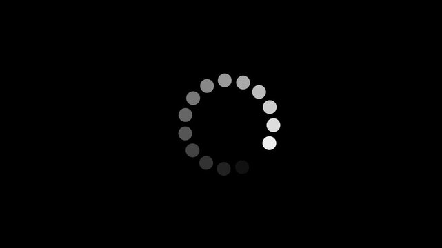 A circular loading indicator made of white dots on a black background representing a digital process or data transfer waiting state for software