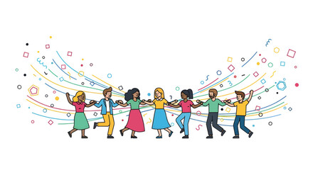 Fototapeta premium A diverse group of joyful people holding hands and walking together, with colorful abstract lines and shapes in the background, representing unity and celebration.