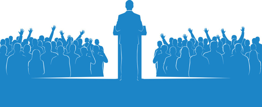 Public speaker at podium with audience participation vector