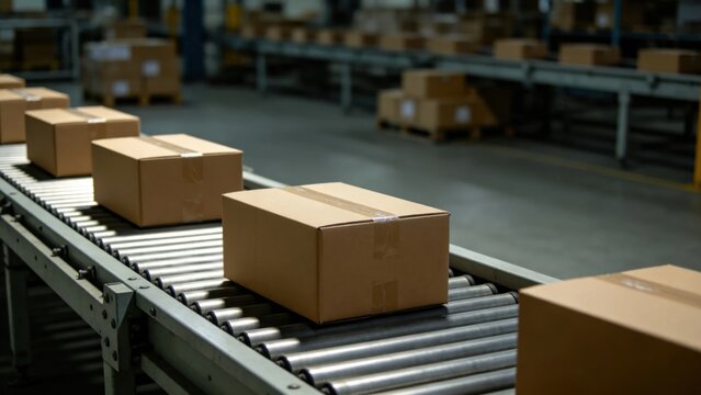 Cardboard packages aligned on belt conveyor in logistics fac