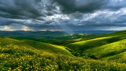 Fototapeta premium Vivid Wildflower Superbloom in Rolling Hills Under Dramatic Storm Clouds with Rainbow