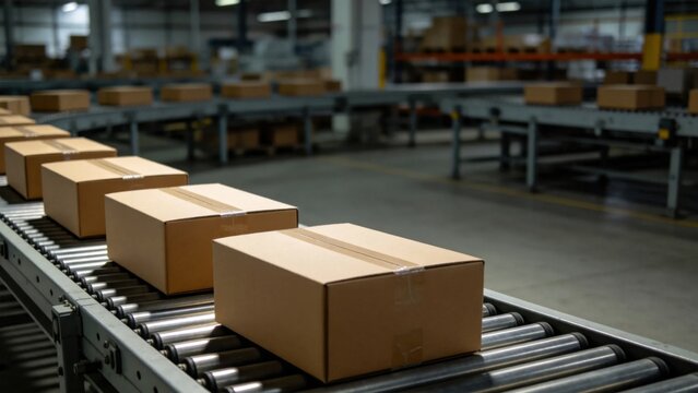 Cardboard packages aligned on belt conveyor in logistics fac