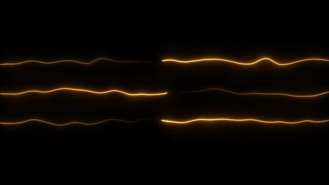 Three parallel glowing yellow light wave lines moving horizontally across a dark background representing energy flow or digital signal frequency data