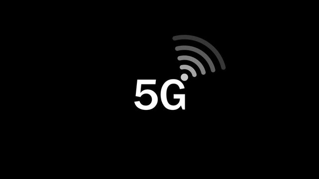 White 5g text symbol next to a grey wireless signal on a black background representing speed mobile network connectivity and data transfer
