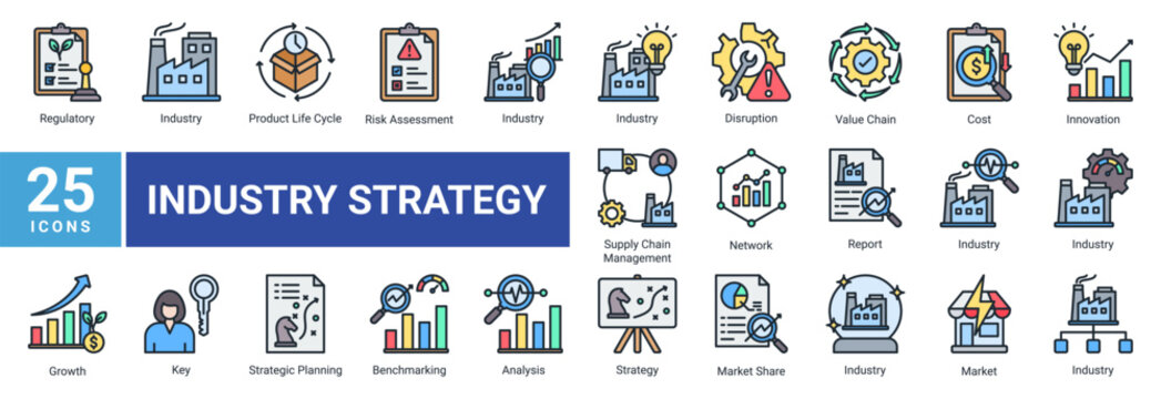 Industry Strategy icon set featuring operational planning,industry performance,supply chain management,innovation,risk control,and strategic business development.
