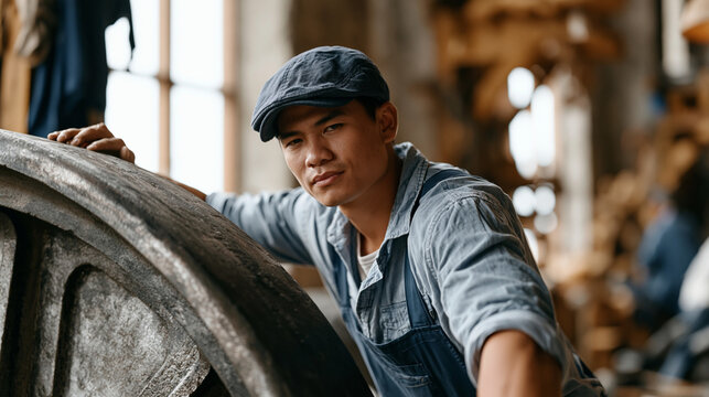 Vietnamese male mechanical engineer leaning into a large iron flywheel mounted on a workshop wall, muscles engaged, early morning light catching metal texture, traction and