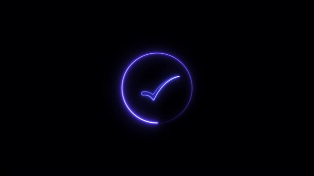Glowing purple neon checkmark symbol inside a circular frame isolated on a black background for digital user interface and web