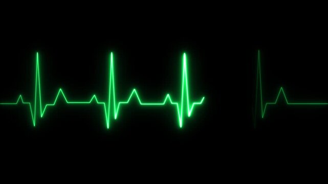 Bright green neon heartbeat line monitor display showing a rhythmic pulse wave pattern isolated on a deep black background for medical concepts